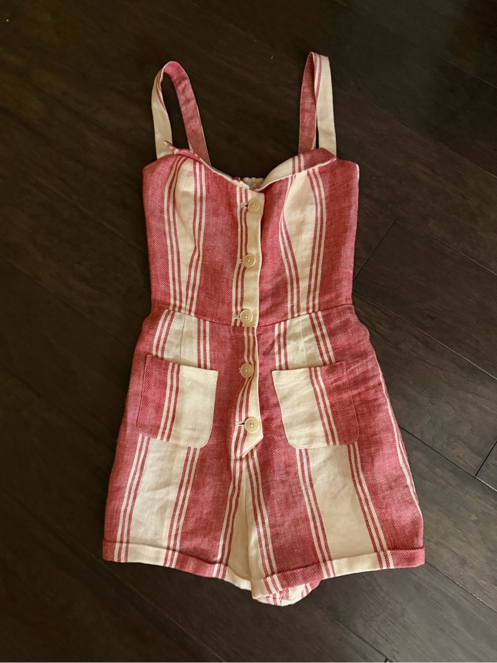 Reformation Pink and Cream Striped Button Romper